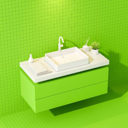 Corner of stylish bathroom with green tile walls and floor and sink standing on bright green countertop with towels and beauty products. 3d renderingの写真素材