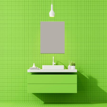 Interior of stylish bathroom with green tile walls and floor, sink standing on bright green countertop and mirror above it. 3d renderingの写真素材