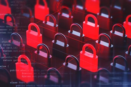 Red and black padlocks standing on black surface with double exposure of blurry code lines and HUD interface. Concept of digital security and data protection. 3d rendering toned imageの写真素材