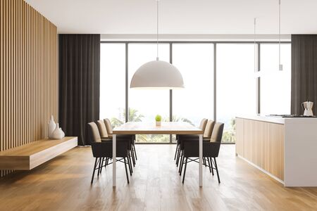 Interior of stylish dining room with white and wooden walls, wooden floor, panoramic window, long...