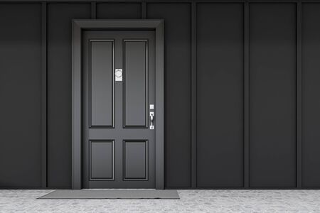 Stylish black front door of modern house with black walls, gray doormat and tiled floor. 3d...