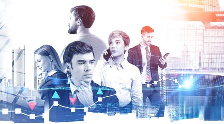 Confident diverse business people working together with smartphones in modern city with double exposure of graph. Concept of brainstorming and teamwork. Toned imageの写真素材