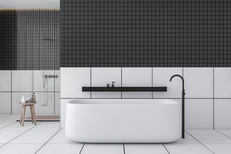 Interior of modern bathroom with white and gray tiled walls, comfortable bathtub with shelf above it and shower stall with glass wall. 3d renderingの写真素材