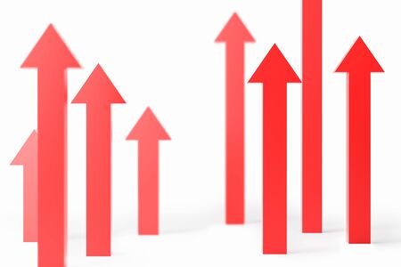 Concept of growth and success. Red arrows pointing up standing on white surface over white background. 3d renderingの写真素材