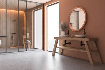 Corner of spacious bathroom with beige and wooden walls, concrete floor comfortable double sink...