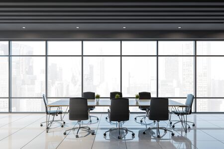 Interior of panoramic office meeting room with gray ceiling, white tiled floor and long conference table with black chairs. 3d renderingの写真素材