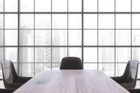 Interior of panoramic dining room with wooden floor, window with cityscape and long wooden table with gray chairs. 3d renderingの写真素材