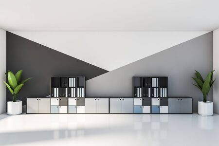 Interior of stylish open space office with white and gray walls, white floor and modern gray, white...