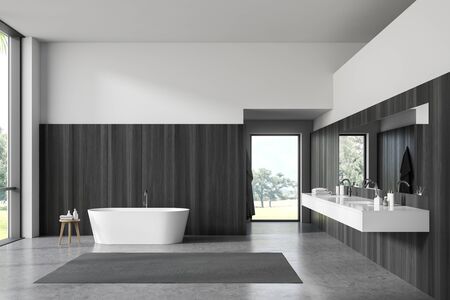 Interior of spacious bedroom with white and dark wooden walls, concrete floor, comfortable bathtub...