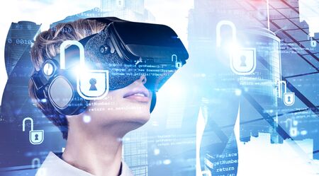 Young woman in VR glasses looking at cyber security interface in Moscow city. Concept of data...