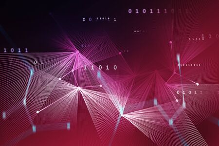 Blurry blue network connection and binary numbers over red background. Concept of coding and data....