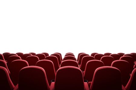Empty movie theater with rows of red chairs and blank mock up screen. Concept of entertainment and cinema premiere. 3d renderingの写真素材