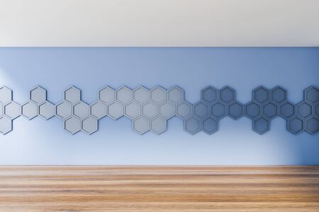 Interior of empty room with blue walls with hexagonal pattern and wooden floor. Concept of interior design. 3d renderingの写真素材