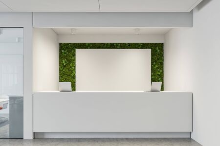 Interior of modern office in eco style with white and grass walls, concrete floor, comfortable...