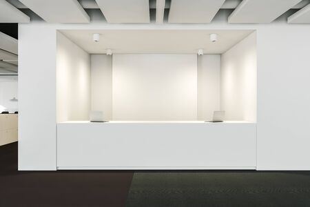 Interior of minimalistic office with white walls, brown carpeted floor and comfortable reception desk with two computers on it. 3d rendering mock upの写真素材