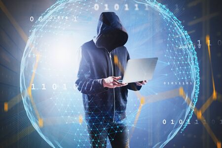 Unrecognizable hacker with laptop committing cyber crime in data center with double exposure of...