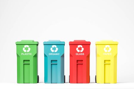 Recycling and environmental protection concept. Row of green, blue, red and yellow recycle bins over white background. 3d renderingの写真素材