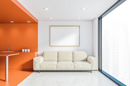 Interior of panoramic living room with white and orange walls, concrete floor, comfortable white...