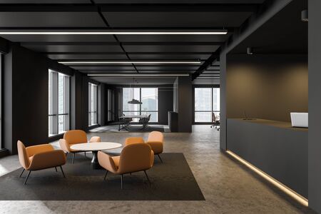 Interior of stylish office with gray walls, concrete floor, gray reception counter, lounge area with...