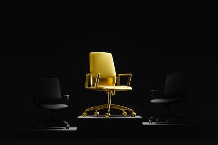Stylish gold office chair and two black chairs standing on black award podium over black background. Concept of success, being number one in business and victory celebration. 3d renderingの写真素材