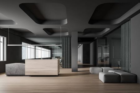 Interior of modern office waiting room with gray walls, wooden floor, comfortable reception desk and...
