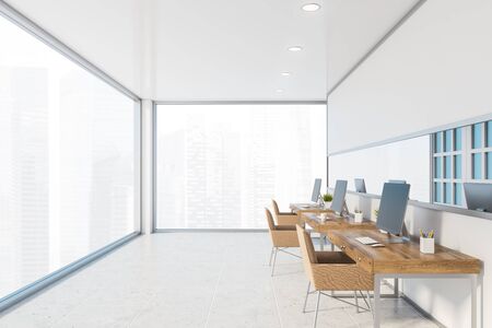 Interior of panoramic open space office with white and glass walls, tiled floor, rows of wooden...