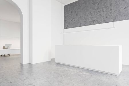 Interior of spacious corporate office with white and concrete walls, stone floor, long computer table and minimalistic reception desk in waiting room. 3d renderingの写真素材