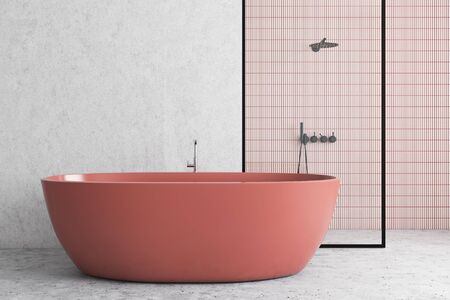 Interior of loft bathroom with concrete and pink tile walls, stone floor, comfortable walk in shower with glass wall and cozy big bathtub. 3d renderingの写真素材