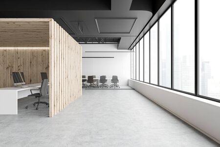 Panoramic conference room located in modern open space office with white and wooden walls. Concept of discussion. 3d renderingの写真素材