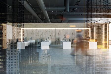 Blurry young businessman walking in spacious industrial style office with wooden walls and row of...
