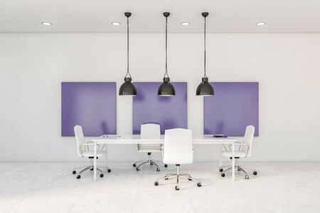 Interior of stylish conference room with white and purple walls, tiled floor, long boardroom table and white armchairs with industrial style ceiling lamps. 3d renderingの写真素材