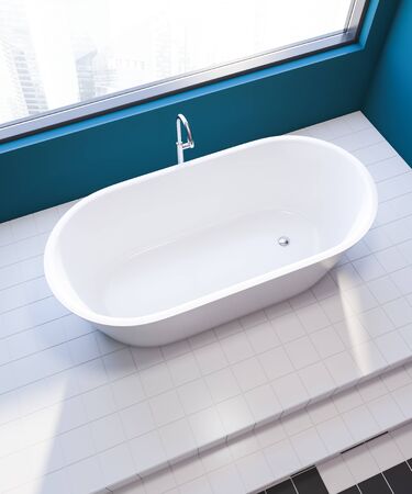 Top view of comfortable bathtub standing in modern bathroom with blue walls, tiled floor and window with cityscape. 3d renderingの写真素材
