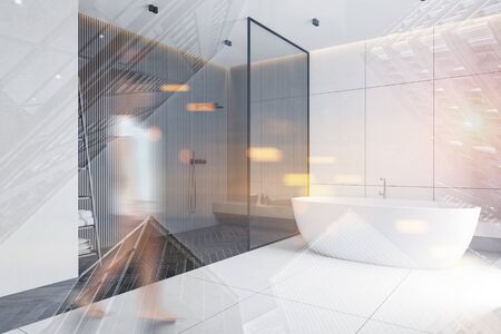 Blurry young woman walking in modern bathroom corner with white and gray walls, comfortable bathtub...
