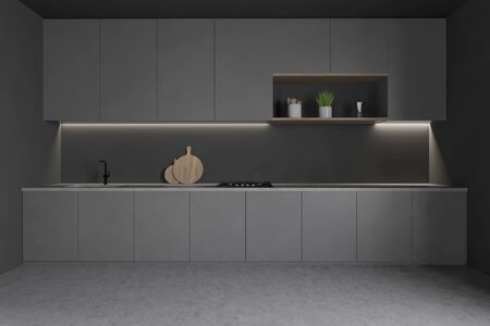 Interior of minimalistic kitchen with gray walls, concrete floor, gray countertops with built in sink and cooker and gray cupboards. 3d renderingの写真素材