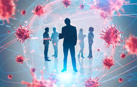 People silhouettes over grey background with double exposure of planet hologram and blurry viruses. Concept of Asian flu coronavirus cure search and collaboration. Toned imageの写真素材