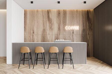 Interior of modern coffee shop with white and wooden walls, wooden floor, gray bar counter with...