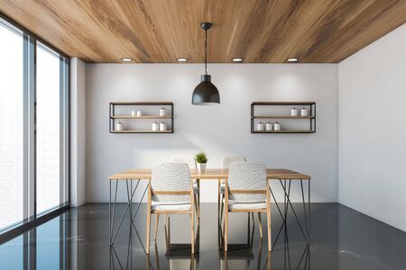 Interior of luxury dining room with white walls, black marble floor, panoramic window and wooden...