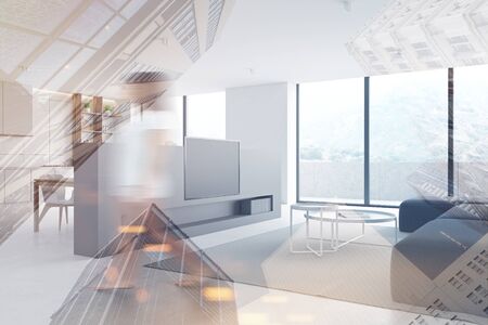Blurry young woman walking in spacious living room with white walls, comfortable sofa, flat screen...