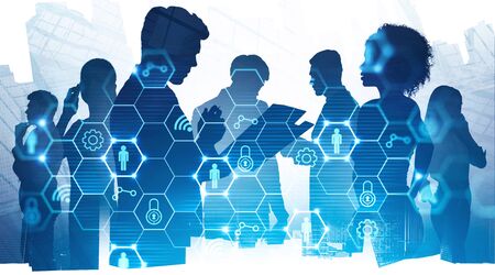 Silhouettes of diverse business people in city with double exposure of immersive blurry digital...
