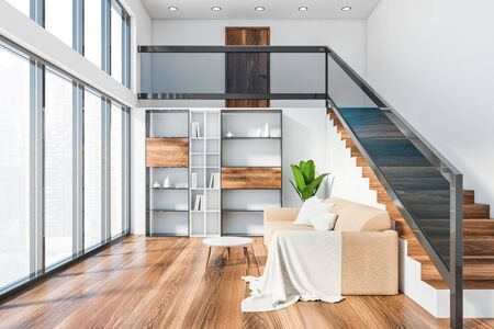 Interior of panoramic living room with white walls, wooden floor, beige sofa with bookcase near it...