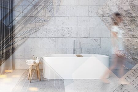 Blurry young girl walking in spacious bathroom with stone walls, concrete floor, comfortable bathtub...