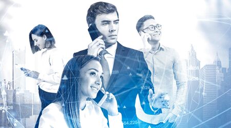 Happy Asian and Caucasian business people talking on smartphones in city with double exposure of blurry network interface . Concept of teamwork and communication. Toned imageの写真素材