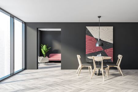 Interior of modern panoramic dining room with gray walls, wooden floor, round table with grey chairs...