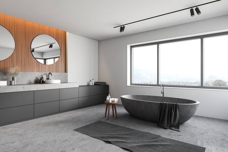 Corner of spacious hotel bathroom with white and wooden walls, concrete floor, comfortable stone...