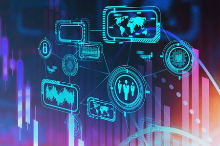 Creative futuristic immersive business interface background with double exposure of blurry digital...