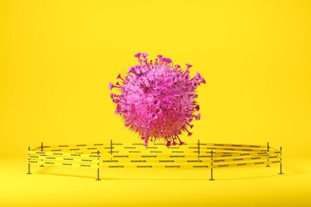 Covid 19 ncov coronavirus quarantine and lockdown concept. Pink virus model surrounded by yellow tape over bright yellow background. 3d renderingの写真素材