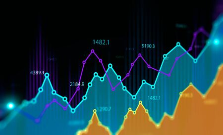 Stock market concept. Glowing futuristic blurry blue and orange digital graphs and bar charts over black background. Trading and financial market. 3d rendering toned imageの写真素材