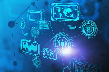 Creative futuristic immersive business interface background with double exposure of blurry network hologram. Concept of innovation and technology. 3d rendering toned imageの写真素材