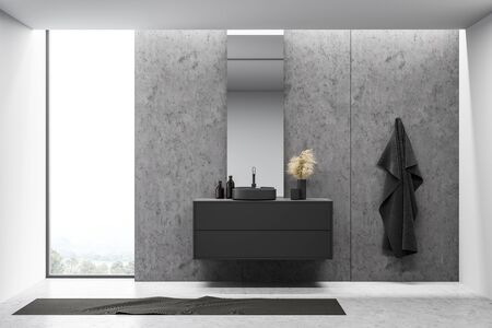 Interior of modern loft bathroom with white and stone walls, concrete floor, comfortable round sink...