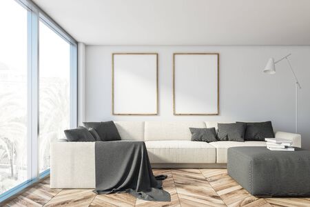 Interior of panoramic living room with white walls, wooden floor, comfortable white sofa, coffee...